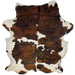 Colombian Tricolor Cowhide:  has large spots with a reddish brown and black, brindle pattern, with a large, white spot in the middle, and off-white on the belly, butt, and shanks - 7'4" x 5'9" (COTR1183)