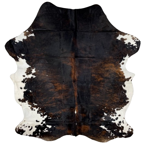 Large Colombian Dark Tricolor Cowhide:  has a mix of black and reddish brown down the middle, and white, with brown and black spots, on the belly and shanks - 7'9" x 6' (COTR1185)