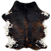 Large Colombian Dark Tricolor Cowhide:  has a mix of black and reddish brown down the middle, and white, with brown and black spots, on the belly and shanks - 7'9" x 6' (COTR1185)