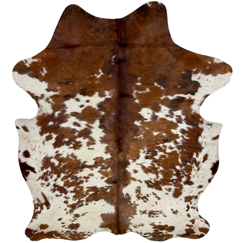 Large Colombian Tricolor Cowhide:  white with reddish brown and black spots, and it has fine, white speckles down the middle - 7'6" x 5'10" (COTR1188)