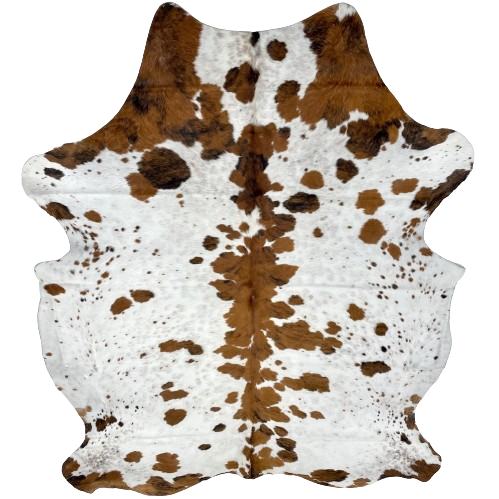 Large Speckled Colombian Tricolor Cowhide:  white with brown and black speckles and spots, and black, brindle markings mixed in down the middle - 7'8" x 5'10" (COTR1190)