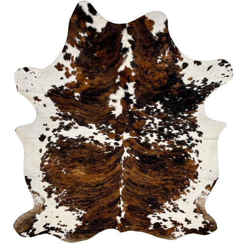Colombian Tricolor Cowhide:  white with large spots that have a brown and black, brindle pattern, and small, black and brown spots - 7'5" x 5'7" (COTR1193)