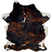 Colombian Dark Tricolor Cowhide: has a mix of black and dark reddish brown, with three small, white spots down the middle, and white, with black speckles, on the belly and shanks - 7'2" x 5'3" (COTR1209)