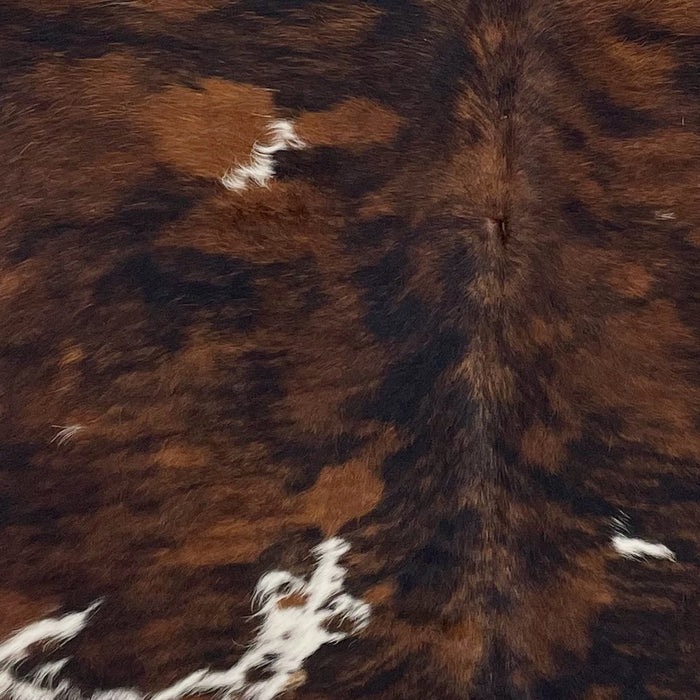 Closeup of this Colombian Tricolor Cowhide, showing a mix of black and brown, and a few white spots that have brown and black speckles (COTR1217)