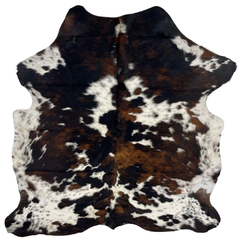 Colombian Tricolor Cowhide: white with black speckles, and large and small spots that have a mix of black and brown - 6'7" x 5'6" (COTR1225)