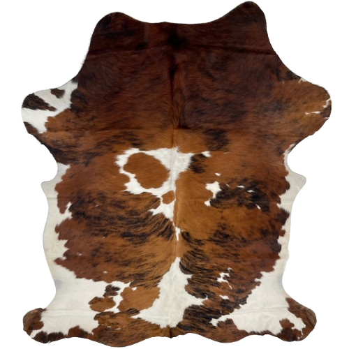 Colombian Tricolor Cowhide: white with large and small spots that have a reddish brown and black, brindle pattern - 6'8" x 4'7" (COTR1233)