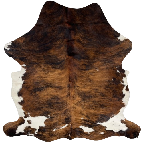 Colombian Tricolor Cowhide: has a brown and black, brindle pattern, and reddish brown down the spine, with white on the belly and part of the butt and shanks - 6'6" x 5' (COTR1235)