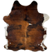 Colombian Tricolor Cowhide: has a golden brown, dark reddish brown, and black, brindle pattern, with a small, white spot on the back, and white with black speckles on the belly and part of the shanks - 6'8" x 5'1" (COTR1239)