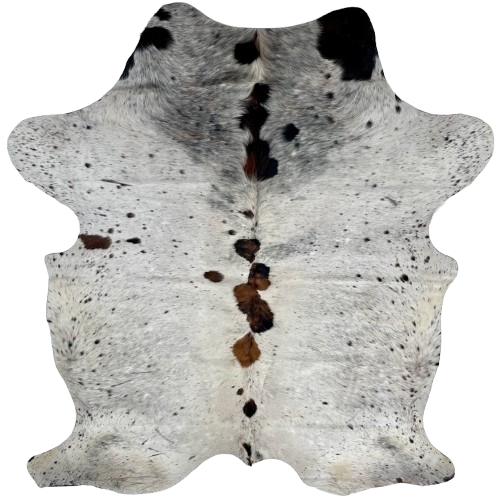 Colombian Tricolor Cowhide: has a mix of white and off-white, with black and brown speckles, and spots down the middle that have a mix of brown and black - 7'3" x 5'3" (COTR1240)