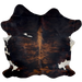 Colombian Dark Tricolor Cowhide: black with red brown, brindle markings, with one small white spot on the left side of the shoulder, and white, with black speckles, on part of the belly - 7'2" x 6' (COTR1253)