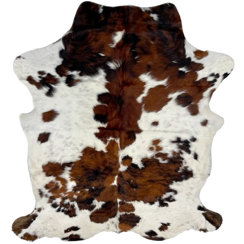 Colombian Tricolor Cowhide: white with faint, black speckles, and large and small spots that have a mix of reddish brown and black - 6'4" x 4'8" (COTR1260)