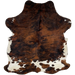 Colombian Tricolor Cowhide: has a reddish brown and black, brindle pattern on the back and shoulder, and white with spots that have a reddish brown and black, brindle pattern, on the belly, butt, and hind shanks - 6'7" x 5'1" (COTR1269)