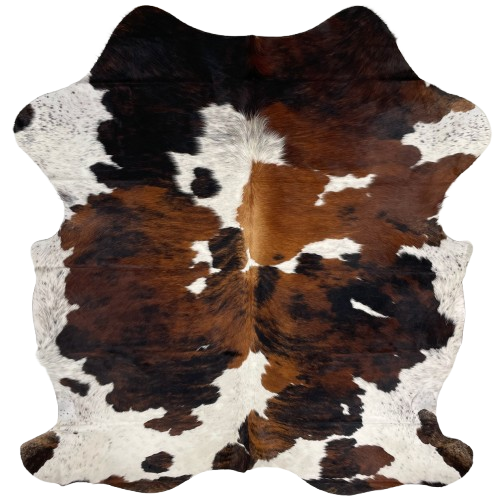 Colombian Tricolor Cowhide: white with black speckles, and large and small spots that have a mix of brown and black - 6'6" x 5'4" (COTR1277)