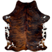 Large Colombian Tricolor Cowhide: has a reddish brown and black, brindle pattern and white spots on the belly, shanks, and butt - 7'7" x 5'8" (COTR1284)