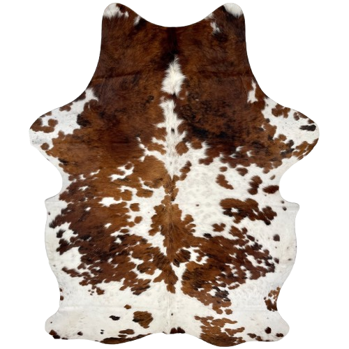 Colombian Tricolor Cowhide: white with spots that have a mix of brown and black, and faint, cloudy, brown spots - 7'4" x 5'1" (COTR1289)