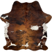 Colombian Tricolor Cowhide: reddish brown and brown, with black, brindle markings, and it has white spots, with brown and black speckles, on the back, butt, and belly - 7'3" x 5'9" (COTR1295)