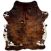 Colombian Tricolor Cowhide: has long hair that is reddish brown with black, brindle markings, and it has a few small, white spots in the middle, and white with black and reddish brown speckles and spots on the belly and fore shanks - 7' x 5'8" (COTR1296)