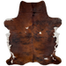 Large Colombian Tricolor Cowhide: has a reddish brown and black, brindle pattern, with three small, white spots on the back, and white with reddish brown and black speckles on the belly and part of the shanks - 7'6" x 5'6" (COTR1297)