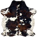 Colombian Tricolor Cowhide: white with black speckles and spots, and large and small spots that have a black and reddish brown, brindle pattern - 7'1" x 5'11" (COTR1298)