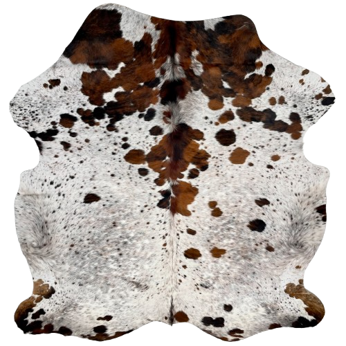 Colombian Speckled Tricolor Cowhide: white with black and brown speckles and spots, and cloudy speckles - 7'2" x 6'1" (COTR1300)