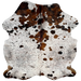 Colombian Speckled Tricolor Cowhide: white with black and brown speckles and spots, and cloudy speckles - 7'2" x 6'1" (COTR1300)