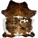 Large Colombian Tricolor Cowhide: has a brown and black, brindle pattern, white spots that have black speckles, white with black speckles on the belly, and long hair down the spine - 7'7" x 5'8" (COTR1313)