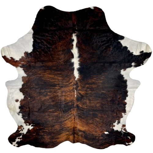 Colombian Tricolor Cowhide: has a black and brown, brindle pattern with white down part of the spine, and on the belly and part of the shanks - 7'2" x 5'10" (COTR1318)