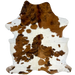 Colombian Tricolor Cowhide: white with brown spots, and large and small spots that have a brown and black, brindle pattern, and a few faint, brown speckles - 7'2" x 5'3" (COTR1319)