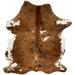 Colombian Tricolor Cowhide: has a brown and black, brindle pattern, with a few white spots, and it has reddish brown, longer hair, down part of the spine - 7'5" x 5'8" (COTR1326)