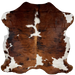 Colombian Tricolor Cowhide: has a reddish brown and black, brindle pattern, and small and large, white spots - 6'8" x 5'8" (COTR1328)