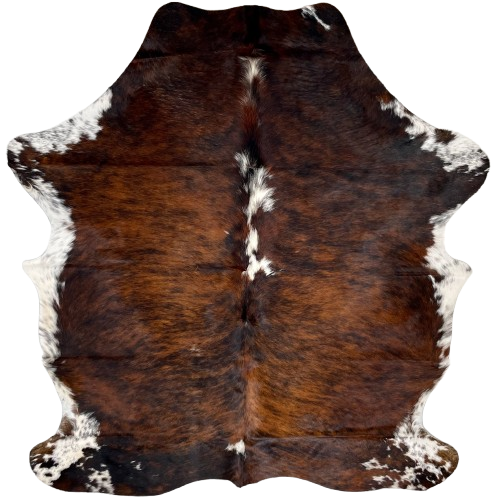 Colombian Tricolor Cowhide: has a brown and black, brindle pattern, with white down part of the spine, and white with black and brown speckles and spots on the belly and shanks - 6'7" x 5'4" (COTR1335)