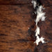 Closeup of this Colombian Tricolor Cowhide, showing a brown and black, brindle pattern, with white down part of the spine (COTR1335)