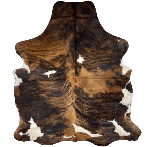 Colombian Tricolor Cowhide: has a brown and black, brindle pattern, and a few white spots that have black speckles - 6'6" x 5'1" (COTR1375)