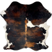 Colombian Tricolor Cowhide: has a black and brown, brindle pattern with white on the belly and part of the shank, and a white spot in the middle of the back - 6'5" x 5'4' (COTR1377)