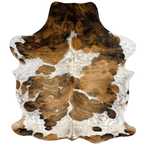 Colombian Speckled Tricolor Cowhide: white, with black and light brown speckles, and large and small spots that have a light brown and black, brindle pattern - 6'10" x 5'2" (COTR1381)