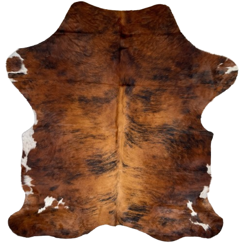 Colombian Tricolor Cowhide: has a reddish brown and black, brindle pattern, and white spots on the belly and shanks - 6'8" x 5'1" (COTR1382)