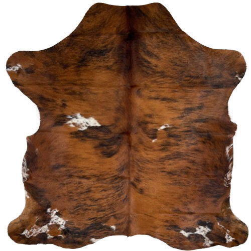 Colombian Tricolor Cowhide: has a reddish brown and black, brindle pattern and a few small, white spots with reddish brown and black speckles - 6'6" x 5'3" (COTR1384)