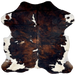 Colombian Dark Tricolor Cowhide: has a black and reddish brown, brindle pattern, with a few small white on the back, and white on the belly and part of the butt - 6'1" x 5'4" (COTR1385)