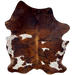Colombian Tricolor Cowhide: has a reddish brown and black, brindle pattern, and white spots with reddish brown and black speckles - 7'4" x 5'6" (COTR1391)
