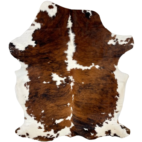 Large Tricolor Colombian Cowhide: has a reddish brown and black, brindle pattern, and large and small, white spots - 7'7" x 5'6" (COTR1392)