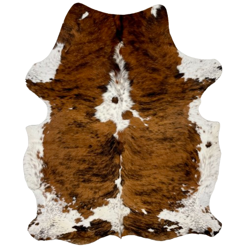 Colombian Tricolor Cowhide: has a brown and black, brindle pattern down both side, and white spots that have brown and black speckles - 7'5" x 5'7" (COTR1395)