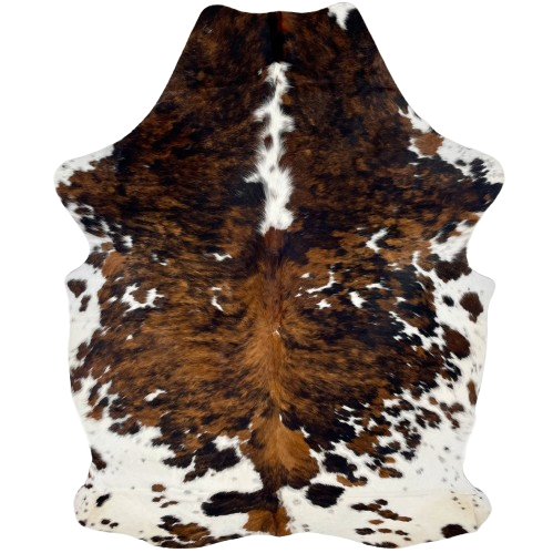 Large Colombian Tricolor Cowhide: has a brown and black, brindle pattern and large and small white spots, some having faint, black speckles - 7'7" x 5'4" (COTR1397)