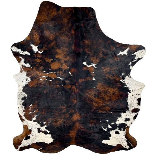 XL Colombian Tricolor Cowhide: has a mix of black and reddish brown, and small and large, white spots that have black speckles - 8'3" x 6'2" (COTR1398)
