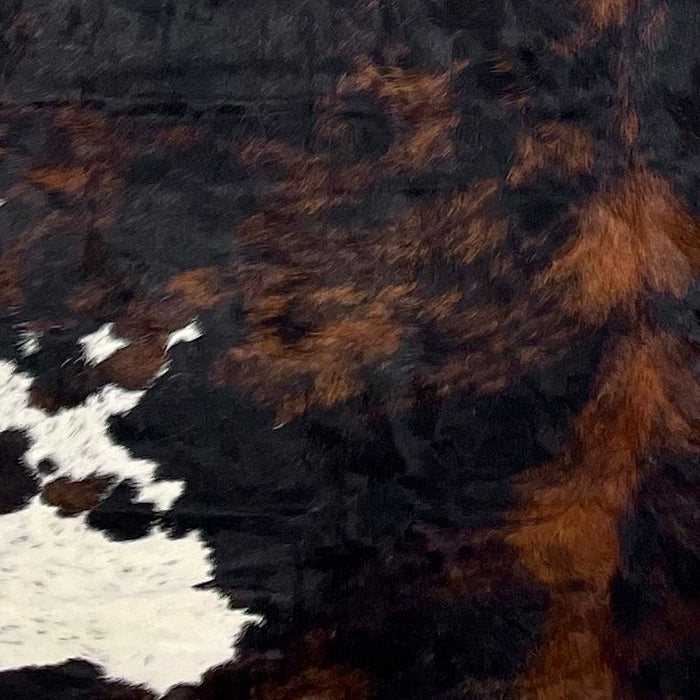 Closeup of this XL Colombian Tricolor Cowhide, showing a mix of black and reddish brown, and small, white spots that have black speckles (COTR1398)