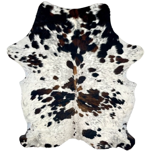 Colombian Speckled Tricolor Cowhide: white with black speckles, and spots that have a mix of black and brown - 7'2" x 5'3" (COTR1415)