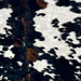 Closeup of this Large Colombian Tricolor Cowhide, showing white with large and small, black spots, with some brown mixed in down the spine and on the back, and it also has faint, cloudy black and brown spots  (COTR1423)