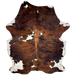 Large Colombian Tricolor Cowhide: has a reddish brown and black, brindle pattern, and white spots that have black and brown speckles - 7'11" x 5'9" (COTR1427)