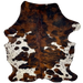 Colombian Tricolor Cowhide: white with black and brown speckles, and large and small spots that have a brown, reddish brown, and black, brindle pattern - 7'2" x 5'5" (COTR1429)