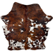 Colombian Tricolor Cowhide: has a brown and black, brindle pattern, and large and small, white spots that have brown and black speckles and spots- 7'2" x 5'10" (COTR1431)