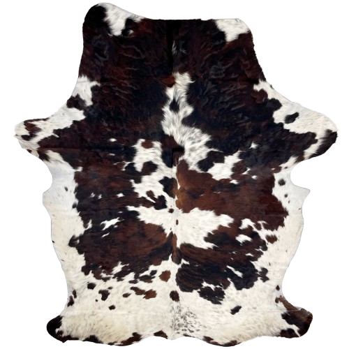 Large Colombian Tricolor Cowhide: white and off-white, with faint, black speckles, and large and small spots that have a mix of black and dark brown - 7'11" x 5'4" (COTR1432)